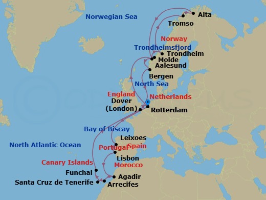 28 Night - Arctic Journey, Northern Lights & Canary Islands - Nieuw Statendam - Starting in Rotterdam, the Netherlands, Alesund, Norway, Trondheim, Norway, Scenic Cruising Trondheimsfjord, Crossing the Arctic Circle, Tromso, Norway, Alta, Norway, Crossing the Arctic Circle, Molde, Norway, Bergen, Norway, Dover UK (London), England, Rotterdam, the Netherlands, Leixoes (Porto), Portugal, Lisbon, Portugal, Agadir, Morocco, Arrecife, Lanzarote, Canary Islands, Spain, Santa Cruz de Tenerife, Funchal (Madeira), Portugal, Dover UK (London), England, Rotterdam, the Netherlands itinerary map
