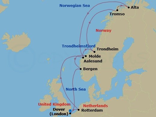 14 Night - Arctic Journey & Northern Lights - Nieuw Statendam - Starting in Dover UK (London), England, Rotterdam, the Netherlands, Alesund, Norway, Trondheim, Norway, Scenic Cruising Trondheimsfjord, Crossing the Arctic Circle, Tromso, Norway, Alta, Norway, Crossing the Arctic Circle, Molde, Norway, Bergen, Norway, Dover UK (London), England itinerary map