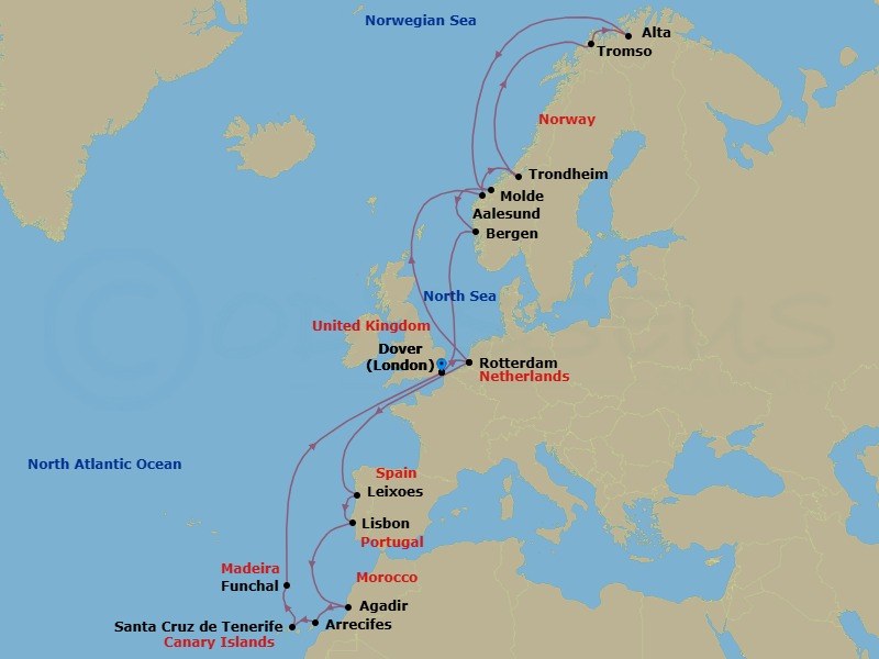 28 Night - Arctic Journey, Northern Lights & Canary Islands - Nieuw Statendam - Starting in Dover UK (London), England, Rotterdam, the Netherlands, Alesund, Norway, Trondheim, Norway, Scenic Cruising Trondheimsfjord, Crossing the Arctic Circle, Tromso, Norway, Alta, Norway, Crossing the Arctic Circle, Molde, Norway, Bergen, Norway, Dover UK (London), England, Rotterdam, the Netherlands, Leixoes (Porto), Portugal, Lisbon, Portugal, Agadir, Morocco, Arrecife, Lanzarote, Canary Islands, Spain, Santa Cruz de Tenerife, Funchal (Madeira), Portugal, Dover UK (London), England itinerary map