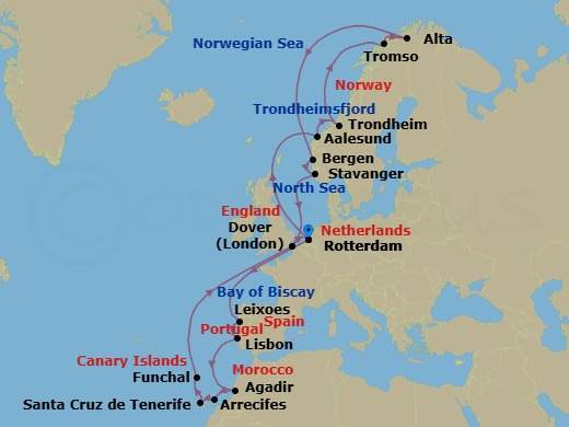28 Night - Canary Islands, Arctic Journey & Northern Lights - Nieuw Statendam - Starting in Rotterdam, the Netherlands, Leixoes (Porto), Portugal, Lisbon, Portugal, Agadir, Morocco, Arrecife, Lanzarote, Canary Islands, Spain, Santa Cruz de Tenerife, Funchal (Madeira), Portugal, Dover UK (London), England, Rotterdam, the Netherlands, Alesund, Norway, Trondheim, Norway, Scenic Cruising Trondheimsfjord, Crossing the Arctic Circle, Tromso, Norway, Alta, Norway, Crossing the Arctic Circle, Bergen, Norway, Stavanger, Norway, Dover UK (London), England, Rotterdam, the Netherlands itinerary map
