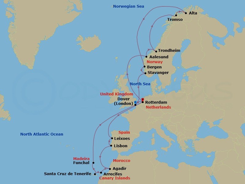 29 Night - Canary Islands, Arctic Journey & Northern Lights - Nieuw Statendam - Starting in Dover UK (London), England, Rotterdam, the Netherlands, Leixoes (Porto), Portugal, Lisbon, Portugal, Agadir, Morocco, Arrecife, Lanzarote, Canary Islands, Spain, Santa Cruz de Tenerife, Funchal (Madeira), Portugal, Dover UK (London), England, Rotterdam, the Netherlands, Alesund, Norway, Trondheim, Norway, Scenic Cruising Trondheimsfjord, Crossing the Arctic Circle, Tromso, Norway, Alta, Norway, Crossing the Arctic Circle, Bergen, Norway, Stavanger, Norway, Dover UK (London), England, Rotterdam, the Netherlands itinerary map