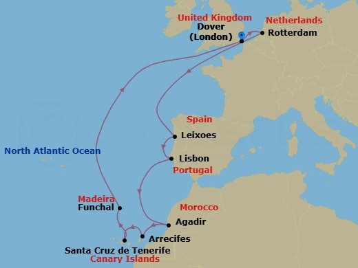 14 Night - Canary Island Enchantment with Portugal - Nieuw Statendam - Starting in Dover UK (London), England, Rotterdam, the Netherlands, Leixoes (Porto), Portugal, Lisbon, Portugal, Agadir, Morocco, Arrecife, Lanzarote, Canary Islands, Spain, Santa Cruz de Tenerife, Funchal (Madeira), Portugal, Dover UK (London), England itinerary map
