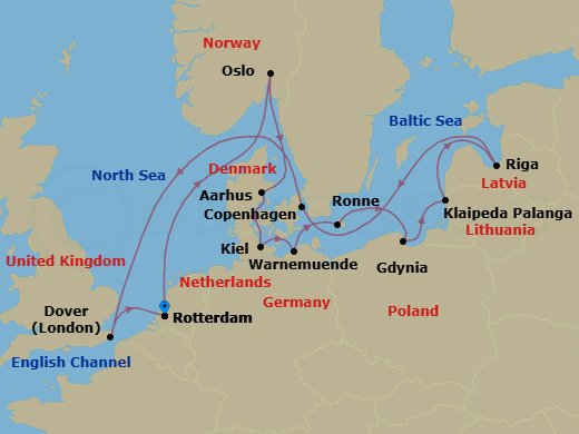 14 Night - Baltic Capitals & Berlin Oktoberfest - Nieuw Statendam - Starting in Rotterdam, the Netherlands, Oslo, Norway, Aarhus, Denmark, Kiel (Hamburg), Germany, Warnemunde (Berlin), Germany, Ronne (Bornholm), Denmark, Gdynia (Gdansk), Poland, Klaipeda, Lithuania, Riga, Latvia, Copenhagen, Denmark, Dover UK (London), England, Rotterdam, the Netherlands itinerary map