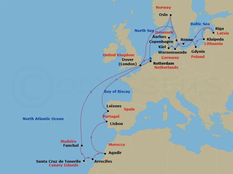 28 Night - Baltic Capitals, Berlin Oktoberfest & Canary Islands - Nieuw Statendam - Starting in Rotterdam, the Netherlands, Oslo, Norway, Aarhus, Denmark, Kiel (Hamburg), Germany, Warnemunde (Berlin), Germany, Ronne (Bornholm), Denmark, Gdynia (Gdansk), Poland, Klaipeda, Lithuania, Riga, Latvia, Copenhagen, Denmark, Dover UK (London), England, Rotterdam, the Netherlands, Leixoes (Porto), Portugal, Lisbon, Portugal, Agadir, Morocco, Arrecife, Lanzarote, Canary Islands, Spain, Santa Cruz de Tenerife, Funchal (Madeira), Portugal, Dover UK (London), England, Rotterdam, the Netherlands itinerary map