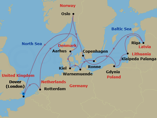 14 Night - Baltic Capitals & Berlin Oktoberfest - Nieuw Statendam - Starting in Dover UK (London), England, Rotterdam, the Netherlands, Oslo, Norway, Aarhus, Denmark, Kiel (Hamburg), Germany, Warnemunde (Berlin), Germany, Ronne (Bornholm), Denmark, Gdynia (Gdansk), Poland, Klaipeda, Lithuania, Riga, Latvia, Copenhagen, Denmark, Dover UK (London), England itinerary map