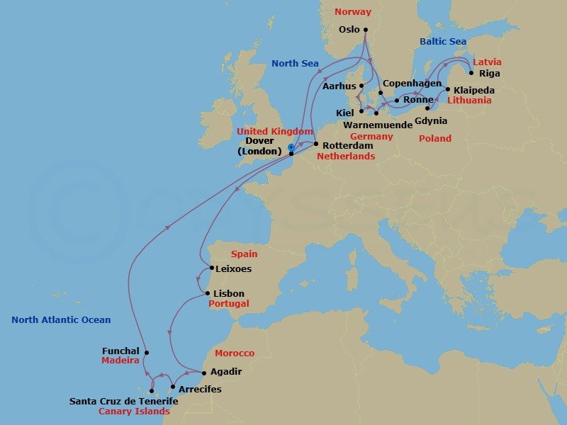 28 Night - Baltic Capitals, Berlin Oktoberfest & Canary Islands - Nieuw Statendam - Starting in Dover UK (London), England, Rotterdam, the Netherlands, Oslo, Norway, Aarhus, Denmark, Kiel (Hamburg), Germany, Warnemunde (Berlin), Germany, Ronne (Bornholm), Denmark, Gdynia (Gdansk), Poland, Klaipeda, Lithuania, Riga, Latvia, Copenhagen, Denmark, Dover UK (London), England, Rotterdam, the Netherlands, Leixoes (Porto), Portugal, Lisbon, Portugal, Agadir, Morocco, Arrecife, Lanzarote, Canary Islands, Spain, Santa Cruz de Tenerife, Funchal (Madeira), Portugal, Dover UK (London), England itinerary map