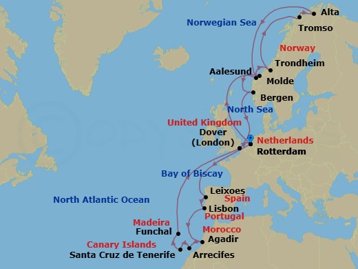 28 Night - Canary Islands, Arctic Journey & Northern Lights - Nieuw Statendam - Starting in Rotterdam, the Netherlands, Leixoes (Porto), Portugal, Lisbon, Portugal, Agadir, Morocco, Arrecife, Lanzarote, Canary Islands, Spain, Santa Cruz de Tenerife, Funchal (Madeira), Portugal, Dover UK (London), England, Rotterdam, the Netherlands, Alesund, Norway, Trondheim, Norway, Scenic Cruising Trondheimsfjord, Crossing the Arctic Circle, Tromso, Norway, Alta, Norway, Crossing the Arctic Circle, Molde, Norway, Bergen, Norway, Dover UK (London), England, Rotterdam, the Netherlands itinerary map