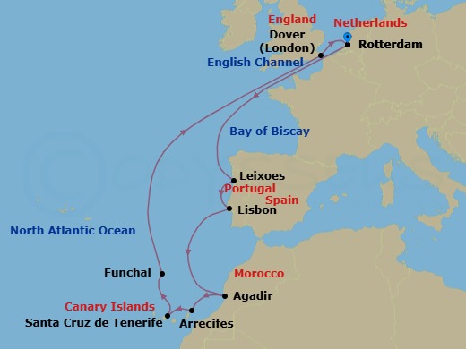 14 Night - Canary Island Enchantment with Portugal - Nieuw Statendam - Starting in Rotterdam, the Netherlands, Leixoes (Porto), Portugal, Lisbon, Portugal, Agadir, Morocco, Arrecife, Lanzarote, Canary Islands, Spain, Santa Cruz de Tenerife, Funchal (Madeira), Portugal, Dover UK (London), England, Rotterdam, the Netherlands itinerary map