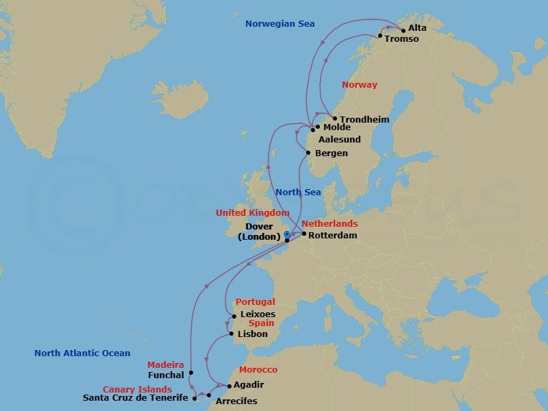 28 Night - Canary Islands, Arctic Journey & Northern Lights - Nieuw Statendam - Starting in Dover UK (London), England, Rotterdam, the Netherlands, Leixoes (Porto), Portugal, Lisbon, Portugal, Agadir, Morocco, Arrecife, Lanzarote, Canary Islands, Spain, Santa Cruz de Tenerife, Funchal (Madeira), Portugal, Dover UK (London), England, Rotterdam, the Netherlands, Alesund, Norway, Trondheim, Norway, Scenic Cruising Trondheimsfjord, Crossing the Arctic Circle, Tromso, Norway, Alta, Norway, Crossing the Arctic Circle, Molde, Norway, Bergen, Norway, Dover UK (London), England itinerary map