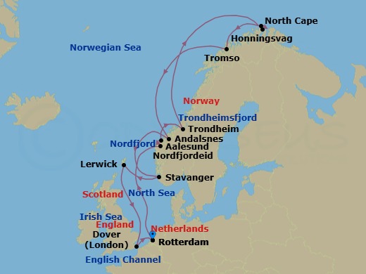 14 Night - Arctic Circle Crossing & North Cape - Nieuw Statendam - Starting in Rotterdam, the Netherlands, Nordfjordeid, Norway, Scenic Cruising Nordfjord, Alesund, Norway, Trondheim, Norway, Scenic Cruising Trondheimsfjord, Honningsvag, Norway, Scenic Cruising North Cape, Tromso, Norway, Andalsnes, Norway, Stavanger, Norway, Lerwick, Shetland Islands, United Kingdom, Dover UK (London), England, Rotterdam, the Netherlands itinerary map