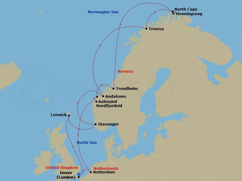 14 Night - Arctic Circle Crossing & North Cape - Nieuw Statendam - Starting in Dover UK (London), England, Rotterdam, the Netherlands, Nordfjordeid, Norway, Scenic Cruising Nordfjord, Alesund, Norway, Trondheim, Norway, Scenic Cruising Trondheimsfjord, Honningsvag, Norway, Scenic Cruising North Cape, Tromso, Norway, Andalsnes, Norway, Stavanger, Norway, Lerwick, Shetland Islands, United Kingdom, Dover UK (London), England itinerary map