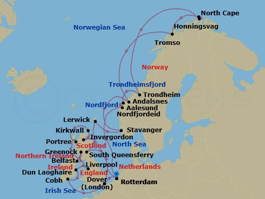 28 Night - British Isles & Arctic Circle : North Cape - Nieuw Statendam - Starting in Rotterdam, the Netherlands, South Queensferry (Edinburgh), Scotland, United Kingdom, Invergordon (Inverness), Scotland, United Kingdom, Kirkwall, Scotland, United Kingdom, Portree (Isle of Skye), Scotland, United Kingdom, Belfast, Northern Ireland, United Kingdom, Greenock (Glasgow), Scotland, United Kingdom, Liverpool, England, United Kingdom, Dun Laoghaire (Dublin), Ireland, Cobh (Cork), Ireland, Dover UK (London), England, Rotterdam, the Netherlands, Nordfjordeid, Norway, Scenic Cruising Nordfjord, Alesund, Norway, Trondheim, Norway, Scenic Cruising Trondheimsfjord, Honningsvag, Norway, Scenic Cruising North Cape, Tromso, Norway, Andalsnes, Norway, Stavanger, Norway, Lerwick, Shetland Islands, United Kingdom, Dover UK (London), England, Rotterdam, the Netherlands itinerary map