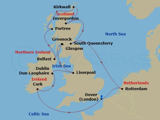14 Night - Wild British Isles : Scotland, England & Ireland - Nieuw Statendam - Starting in Dover UK (London), England, Rotterdam, the Netherlands, South Queensferry (Edinburgh), Scotland, United Kingdom, Invergordon (Inverness), Scotland, United Kingdom, Kirkwall, Scotland, United Kingdom, Portree (Isle of Skye), Scotland, United Kingdom, Belfast, Northern Ireland, United Kingdom, Greenock (Glasgow), Scotland, United Kingdom, Liverpool, England, United Kingdom, Dun Laoghaire (Dublin), Ireland, Cobh (Cork), Ireland, Dover UK (London), England itinerary map