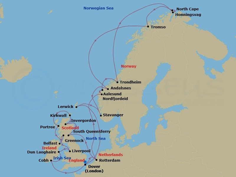 28 Night - British Isles & Arctic Circle : North Cape - Nieuw Statendam - Starting in Dover UK (London), England, Rotterdam, the Netherlands, South Queensferry (Edinburgh), Scotland, United Kingdom, Invergordon (Inverness), Scotland, United Kingdom, Kirkwall, Scotland, United Kingdom, Portree (Isle of Skye), Scotland, United Kingdom, Belfast, Northern Ireland, United Kingdom, Greenock (Glasgow), Scotland, United Kingdom, Liverpool, England, United Kingdom, Dun Laoghaire (Dublin), Ireland, Cobh (Cork), Ireland, Dover UK (London), England, Rotterdam, the Netherlands, Nordfjordeid, Norway, Scenic Cruising Nordfjord, Alesund, Norway, Trondheim, Norway, Scenic Cruising Trondheimsfjord, Honningsvag, Norway, Scenic Cruising North Cape, Tromso, Norway, Andalsnes, Norway, Stavanger, Norway, Lerwick, Shetland Islands, United Kingdom, Dover UK (London), England itinerary map