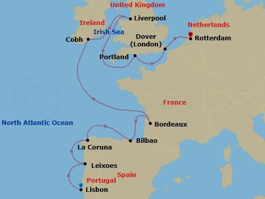 11 Night - Atlantic Europe : Portugal, Spain & England - Nieuw Statendam - Starting in Lisbon, Portugal, Leixoes (Porto), Portugal, A Coruna, Spain, Bilbao, Le Verdon (Bordeaux), France, Cobh (Cork), Ireland, Liverpool, England, United Kingdom, Portland UK (Weymouth), England, United Kingdom, Dover UK (London), England, Rotterdam, the Netherlands itinerary map