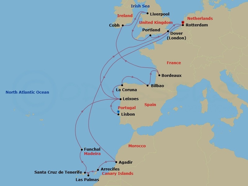 25 Night - Atlantic Europe & Canary Islands : Iberia & Morocco - Nieuw Statendam - Starting in Lisbon, Portugal, Leixoes (Porto), Portugal, A Coruna, Spain, Bilbao, Le Verdon (Bordeaux), France, Cobh (Cork), Ireland, Liverpool, England, United Kingdom, Portland UK (Weymouth), England, United Kingdom, Dover UK (London), England, Rotterdam, the Netherlands, Agadir, Morocco, Arrecife, Lanzarote, Canary Islands, Spain, Las Palmas, Gran Canaria, Canary Islands, Spain, Santa Cruz de Tenerife, Funchal (Madeira), Portugal, Leixoes (Porto), Portugal, Dover UK (London), England, Rotterdam, the Netherlands itinerary map