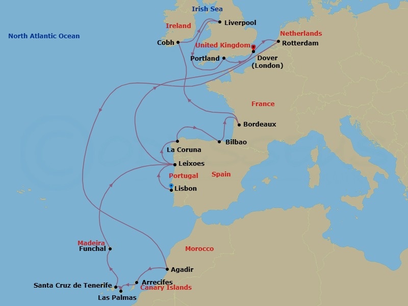 24 Night - Atlantic Europe & Canary Islands : Iberia & Morocco - Nieuw Statendam - Starting in Lisbon, Portugal, Leixoes (Porto), Portugal, A Coruna, Spain, Bilbao, Le Verdon (Bordeaux), France, Cobh (Cork), Ireland, Liverpool, England, United Kingdom, Portland UK (Weymouth), England, United Kingdom, Dover UK (London), England, Rotterdam, the Netherlands, Agadir, Morocco, Arrecife, Lanzarote, Canary Islands, Spain, Las Palmas, Gran Canaria, Canary Islands, Spain, Santa Cruz de Tenerife, Funchal (Madeira), Portugal, Leixoes (Porto), Portugal, Dover UK (London), England itinerary map