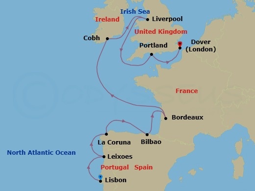 10 Night - Atlantic Europe : Portugal, Spain & England - Nieuw Statendam - Starting in Lisbon, Portugal, Leixoes (Porto), Portugal, A Coruna, Spain, Bilbao, Le Verdon (Bordeaux), France, Cobh (Cork), Ireland, Liverpool, England, United Kingdom, Portland UK (Weymouth), England, United Kingdom, Dover UK (London), England itinerary map