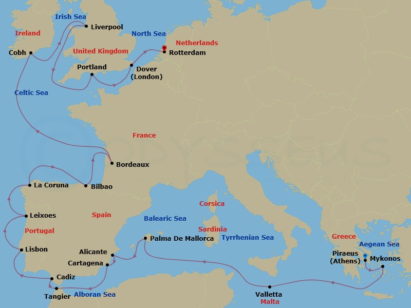 21 Night - Around the Iberian Peninsula : Greece, Malta & England - Nieuw Statendam - Starting in Piraeus (Athens), Greece, Mykonos, Greece, Valletta, Malta, Palma De Mallorca, Spain, Alicante, Spain, Cartagena ES, Tangier, Morocco, Cadiz (Seville), Spain, Lisbon, Portugal, Leixoes (Porto), Portugal, A Coruna, Spain, Bilbao, Le Verdon (Bordeaux), France, Cobh (Cork), Ireland, Liverpool, England, United Kingdom, Portland UK (Weymouth), England, United Kingdom, Dover UK (London), England, Rotterdam, the Netherlands itinerary map