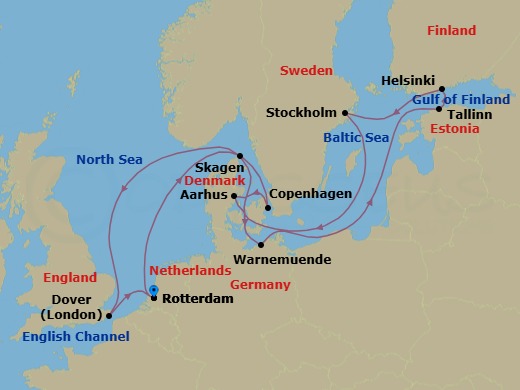 14 Night - Scandinavian Capitals with Stockholm Overnight - Nieuw Statendam - Starting in Rotterdam, the Netherlands, Copenhagen, Denmark, Aarhus, Denmark, Warnemunde (Berlin), Germany, Tallinn, Estonia, Helsinki, Finland, Stockholm, Sweden, Skagen, Denmark, Dover UK (London), England, Rotterdam, the Netherlands itinerary map