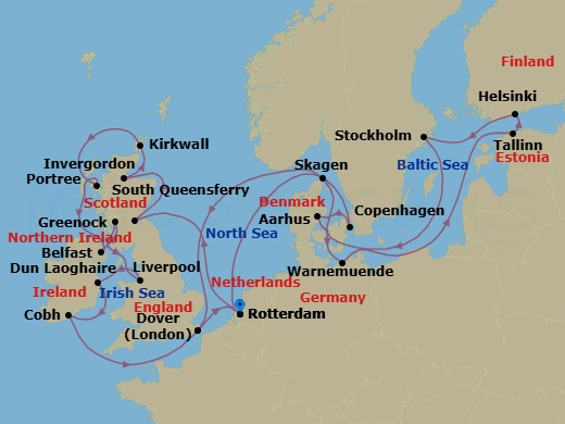 28 Night - Scandinavian Capitals & British Isles with Stockholm - Nieuw Statendam - Starting in Rotterdam, the Netherlands, Copenhagen, Denmark, Aarhus, Denmark, Warnemunde (Berlin), Germany, Tallinn, Estonia, Helsinki, Finland, Stockholm, Sweden, Skagen, Denmark, Dover UK (London), England, Rotterdam, the Netherlands, South Queensferry (Edinburgh), Scotland, United Kingdom, Invergordon (Inverness), Scotland, United Kingdom, Kirkwall, Scotland, United Kingdom, Portree (Isle of Skye), Scotland, United Kingdom, Belfast, Northern Ireland, United Kingdom, Greenock (Glasgow), Scotland, United Kingdom, Liverpool, England, United Kingdom, Dun Laoghaire (Dublin), Ireland, Cobh (Cork), Ireland, Dover UK (London), England, Rotterdam, the Netherlands itinerary map