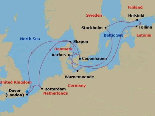14 Night - Scandinavian Capitals with Stockholm Overnight - Nieuw Statendam - Starting in Dover UK (London), England, Rotterdam, the Netherlands, Copenhagen, Denmark, Aarhus, Denmark, Warnemunde (Berlin), Germany, Tallinn, Estonia, Helsinki, Finland, Stockholm, Sweden, Skagen, Denmark, Dover UK (London), England itinerary map