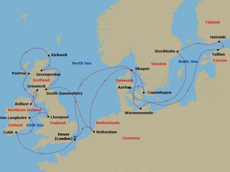 28 Night - Scandinavian Capitals & British Isles with Stockholm - Nieuw Statendam - Starting in Dover UK (London), England, Rotterdam, the Netherlands, Copenhagen, Denmark, Aarhus, Denmark, Warnemunde (Berlin), Germany, Tallinn, Estonia, Helsinki, Finland, Stockholm, Sweden, Skagen, Denmark, Dover UK (London), England, Rotterdam, the Netherlands, South Queensferry (Edinburgh), Scotland, United Kingdom, Invergordon (Inverness), Scotland, United Kingdom, Kirkwall, Scotland, United Kingdom, Portree (Isle of Skye), Scotland, United Kingdom, Belfast, Northern Ireland, United Kingdom, Greenock (Glasgow), Scotland, United Kingdom, Liverpool, England, United Kingdom, Dun Laoghaire (Dublin), Ireland, Cobh (Cork), Ireland, Dover UK (London), England itinerary map
