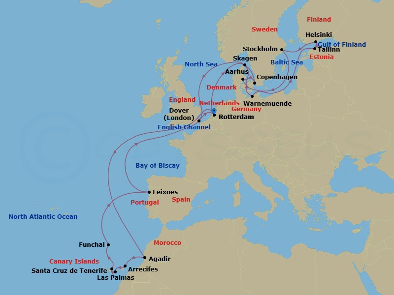 28 Night - Canary Islands & Scandinavian Capitals with Stockholm - Nieuw Statendam - Starting in Rotterdam, the Netherlands, Agadir, Morocco, Arrecife, Lanzarote, Canary Islands, Spain, Las Palmas, Gran Canaria, Canary Islands, Spain, Santa Cruz de Tenerife, Funchal (Madeira), Portugal, Leixoes (Porto), Portugal, Dover UK (London), England, Rotterdam, the Netherlands, Copenhagen, Denmark, Aarhus, Denmark, Warnemunde (Berlin), Germany, Tallinn, Estonia, Helsinki, Finland, Stockholm, Sweden, Skagen, Denmark, Dover UK (London), England, Rotterdam, the Netherlands itinerary map