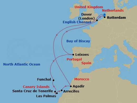 14 Night - Canary Island Enchantment with Morocco & Portugal - Nieuw Statendam - Starting in Rotterdam, the Netherlands, Agadir, Morocco, Arrecife, Lanzarote, Canary Islands, Spain, Las Palmas, Gran Canaria, Canary Islands, Spain, Santa Cruz de Tenerife, Funchal (Madeira), Portugal, Leixoes (Porto), Portugal, Dover UK (London), England, Rotterdam, the Netherlands itinerary map