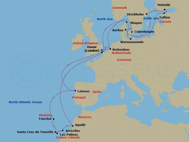 28 Night - Canary Islands & Scandinavian Capitals with Stockholm - Nieuw Statendam - Starting in Dover UK (London), England, Rotterdam, the Netherlands, Agadir, Morocco, Arrecife, Lanzarote, Canary Islands, Spain, Las Palmas, Gran Canaria, Canary Islands, Spain, Santa Cruz de Tenerife, Funchal (Madeira), Portugal, Leixoes (Porto), Portugal, Dover UK (London), England, Rotterdam, the Netherlands, Copenhagen, Denmark, Aarhus, Denmark, Warnemunde (Berlin), Germany, Tallinn, Estonia, Helsinki, Finland, Stockholm, Sweden, Skagen, Denmark, Dover UK (London), England itinerary map