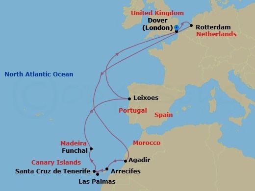 14 Night - Canary Island Enchantment with Morocco & Portugal - Nieuw Statendam - Starting in Dover UK (London), England, Rotterdam, the Netherlands, Agadir, Morocco, Arrecife, Lanzarote, Canary Islands, Spain, Las Palmas, Gran Canaria, Canary Islands, Spain, Santa Cruz de Tenerife, Funchal (Madeira), Portugal, Leixoes (Porto), Portugal, Dover UK (London), England itinerary map