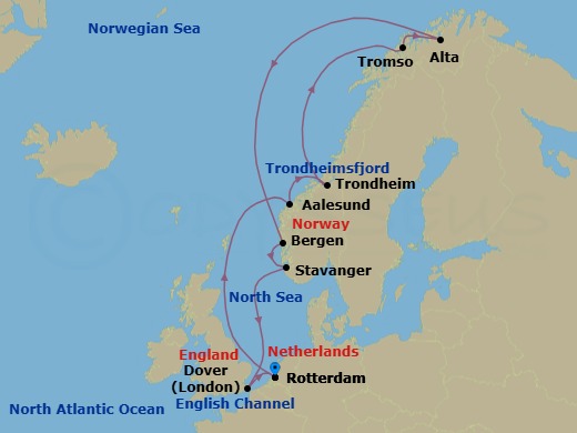 14 Night - Arctic Journey & Northern Lights - Nieuw Statendam - Starting in Rotterdam, the Netherlands, Alesund, Norway, Trondheim, Norway, Scenic Cruising Trondheimsfjord, Crossing the Arctic Circle, Tromso, Norway, Alta, Norway, Crossing the Arctic Circle, Bergen, Norway, Stavanger, Norway, Dover UK (London), England, Rotterdam, the Netherlands itinerary map