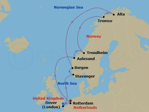15 Night - Arctic Journey & Northern Lights - Nieuw Statendam - Starting in Dover UK (London), England, Rotterdam, the Netherlands, Alesund, Norway, Trondheim, Norway, Scenic Cruising Trondheimsfjord, Crossing the Arctic Circle, Tromso, Norway, Alta, Norway, Crossing the Arctic Circle, Bergen, Norway, Stavanger, Norway, Dover UK (London), England, Rotterdam, the Netherlands itinerary map