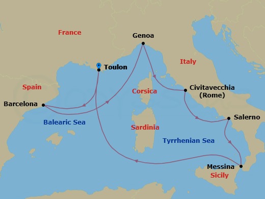 7 Night - Norway Roundtrip from Toulon - Costa Fascinosa - Starting in La Seyne (St Tropez), Barcelona, Genoa (Portofino), Civitavecchia (Rome), Salerno (Amalfi Coast), Messina (Taormina), La Seyne (St Tropez) itinerary map