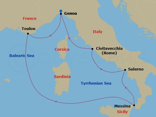 6 Night - Europe Roundtrip from Genoa - Costa Fascinosa - Starting in Genoa (Portofino), Civitavecchia (Rome), Salerno (Amalfi Coast), Messina (Taormina), La Seyne (St Tropez), Genoa (Portofino) itinerary map