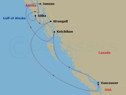7 Night - Alaska Wildlife & Wonders - Oceania Riviera - Starting in Vancouver, Cruising the Inside Passage, Ketchikan, Juneau, Sitka, Wrangell, Cruising the Inside Passage, Vancouver itinerary map