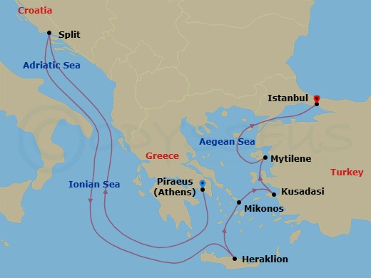 10 Night - Spotlight with Mark Bittman - Seven Seas Voyager - Starting in Athens (Piraeus), Cruising the Adriatic Sea, Split, Cruising the Ionian Sea, Heraklion (Crete), Mykonos, Kusadasi, Mytilini (Lesbos), Cruising the Aegean Sea, Istanbul itinerary map