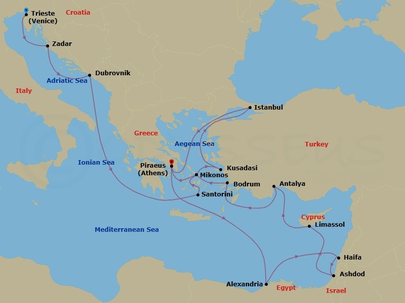 21 Night - Adriatic & Greek Isles : Egypt & Istanbul Overnight - Nieuw Amsterdam - Starting in Trieste (Venice), Italy, Zadar, Croatia, Dubrovnik, Croatia, Thira (Santorini), Greece, Mykonos, Greece, Kusadasi (Ephesus), Turkey, Cruising the Dardanelles, Istanbul, Turkey, Piraeus (Athens), Greece, Alexandria EG (Cairo), Egypt, Haifa (Tel Aviv), Israel, Ashdod (Jerusalem), Israel, Limassol, Cyprus, Antalya, Turkey, Bodrum, Turkey, Mykonos, Greece, Piraeus (Athens), Greece itinerary map