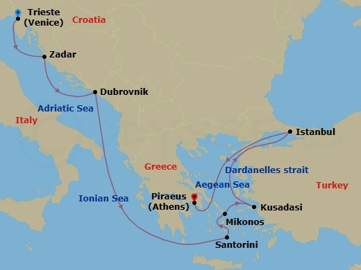 10 Night - Adriatic Allure : Croatia, Greek Isles & Istanbul - Nieuw Amsterdam - Starting in Trieste (Venice), Italy, Zadar, Croatia, Dubrovnik, Croatia, Thira (Santorini), Greece, Mykonos, Greece, Kusadasi (Ephesus), Turkey, Cruising the Dardanelles, Istanbul, Turkey, Piraeus (Athens), Greece itinerary map