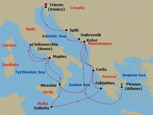 18 Night - Around Italy's Boot : Croatia & Naples Overnight - Nieuw Amsterdam - Starting in Piraeus (Athens), Greece, Kotor, Montenegro, Scenic cruising Bay of Kotor, Kerkira, (Corfu), Greece, Messina, Italy, Cruising Strait of Messina, Evening cruising Stromboli Volcano, Naples (Pompeii / Amalfi), Italy, Civitavecchia (Rome), Italy, Naples (Pompeii / Amalfi), Italy, Messina, Italy, Cruising Strait of Messina, Valletta, Malta, Zakinthos, Greece, Kerkira, (Corfu), Greece, Scenic cruising Bay of Kotor, Kotor, Montenegro, Dubrovnik, Croatia, Split, Croatia, Trieste (Venice), Italy itinerary map
