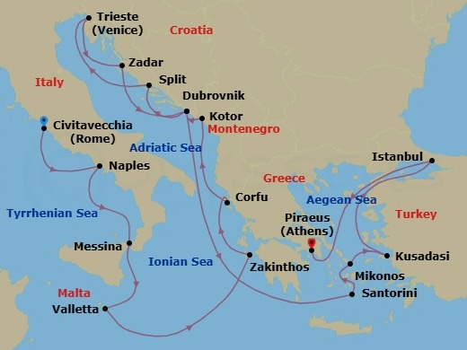 21 Night - Around Italy's Boot : Greek Isles & Istanbul Overnight - Nieuw Amsterdam - Starting in Civitavecchia (Rome), Italy, Naples (Pompeii / Amalfi), Italy, Messina, Italy, Cruising Strait of Messina, Valletta, Malta, Zakinthos, Greece, Kerkira, (Corfu), Greece, Scenic cruising Bay of Kotor, Kotor, Montenegro, Dubrovnik, Croatia, Split, Croatia, Trieste (Venice), Italy, Zadar, Croatia, Dubrovnik, Croatia, Thira (Santorini), Greece, Mykonos, Greece, Kusadasi (Ephesus), Turkey, Cruising the Dardanelles, Istanbul, Turkey, Piraeus (Athens), Greece itinerary map