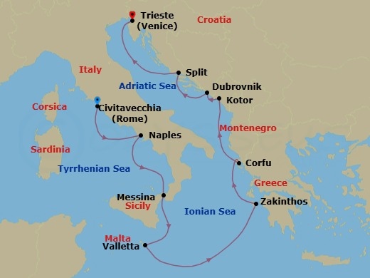 11 Night - Around Italy's Boot : Dalmatian & Almafi Coasts - Nieuw Amsterdam - Starting in Civitavecchia (Rome), Italy, Naples (Pompeii / Amalfi), Italy, Messina, Italy, Cruising Strait of Messina, Valletta, Malta, Zakinthos, Greece, Kerkira, (Corfu), Greece, Scenic cruising Bay of Kotor, Kotor, Montenegro, Dubrovnik, Croatia, Split, Croatia, Trieste (Venice), Italy itinerary map