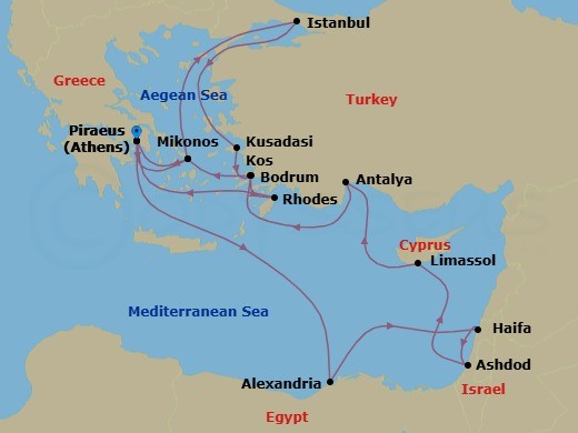 21 Night - Greek Isles : Egypt, Holy Land & Istanbul Overnight - Nieuw Amsterdam - Starting in Piraeus (Athens), Greece, Alexandria EG (Cairo), Egypt, Haifa (Tel Aviv), Israel, Ashdod (Jerusalem), Israel, Limassol, Cyprus, Antalya, Turkey, Bodrum, Turkey, Mykonos, Greece, Piraeus (Athens), Greece, Mykonos, Greece, Istanbul, Turkey, Kusadasi (Ephesus), Turkey, Kos, Greece, Rhodes, Greece, Piraeus (Athens), Greece itinerary map