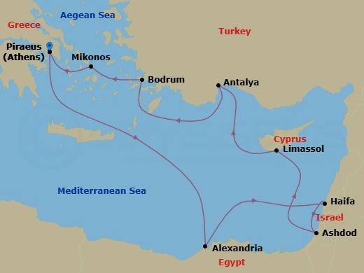 11 Night - Greek Isles : Egypt & the Holy Land - Nieuw Amsterdam - Starting in Piraeus (Athens), Greece, Alexandria EG (Cairo), Egypt, Haifa (Tel Aviv), Israel, Ashdod (Jerusalem), Israel, Limassol, Cyprus, Antalya, Turkey, Bodrum, Turkey, Mykonos, Greece, Piraeus (Athens), Greece itinerary map