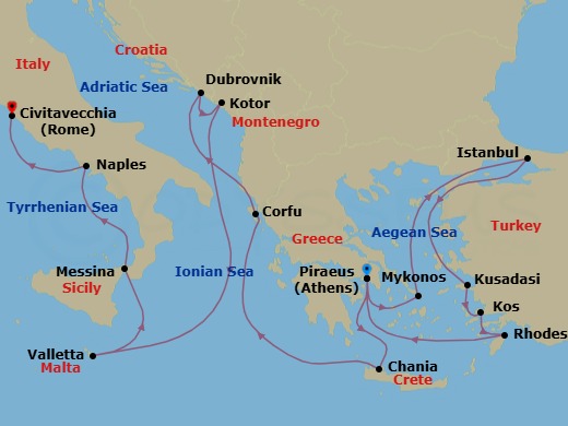 21 Night - Greek Isles & Italy with Istanbul & Malta Overnights - Nieuw Amsterdam - Starting in Piraeus (Athens), Greece, Mykonos, Greece, Istanbul, Turkey, Kusadasi (Ephesus), Turkey, Kos, Greece, Rhodes, Greece, Piraeus (Athens), Greece, Souda (Chania), Greece, Kerkira, (Corfu), Greece, Dubrovnik, Croatia, Kotor, Montenegro, Valletta, Malta, Messina, Italy, Cruising Strait of Messina, Evening cruising Stromboli Volcano, Naples (Pompeii / Amalfi), Italy, Civitavecchia (Rome), Italy itinerary map