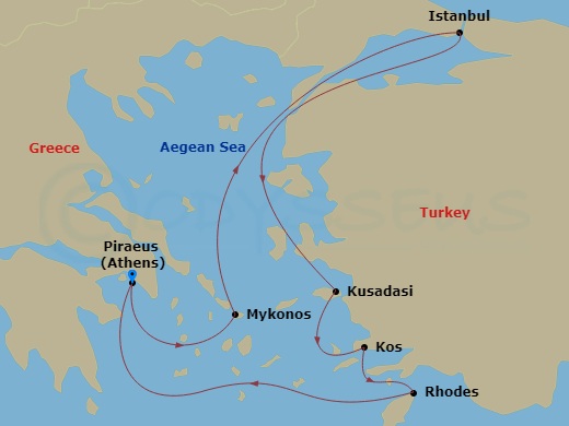 10 Night - Greek Isles : Istanbul Overnight with Mykonos & Rhodes - Nieuw Amsterdam - Starting in Piraeus (Athens), Greece, Mykonos, Greece, Istanbul, Turkey, Kusadasi (Ephesus), Turkey, Kos, Greece, Rhodes, Greece, Piraeus (Athens), Greece itinerary map