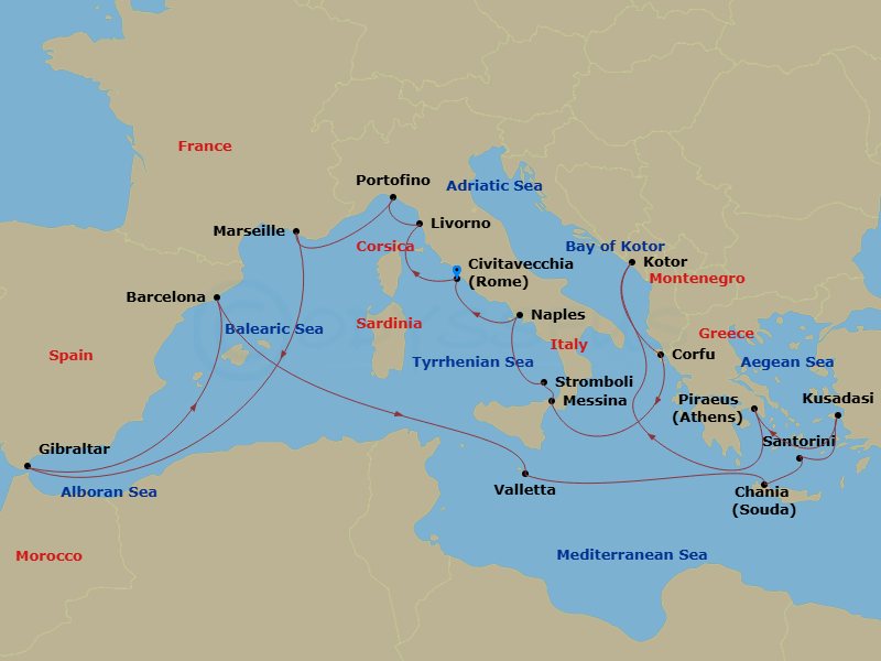 21 Night - Greek Isles with Italy, France & Naples Overnight - Nieuw Amsterdam - Starting in Civitavecchia (Rome), Italy, Livorno (Florence / Pisa), Italy, Portofino, Italy, Marseille (Provence), France, Gibraltar, Barcelona, Spain, Valletta, Malta, Souda (Chania), Greece, Thira (Santorini), Greece, Kusadasi (Ephesus), Turkey, Piraeus (Athens), Greece, Kotor, Montenegro, Scenic cruising Bay of Kotor, Kerkira, (Corfu), Greece, Messina, Italy, Cruising Strait of Messina, Evening cruising Stromboli Volcano, Naples (Pompeii / Amalfi), Italy, Civitavecchia (Rome), Italy itinerary map