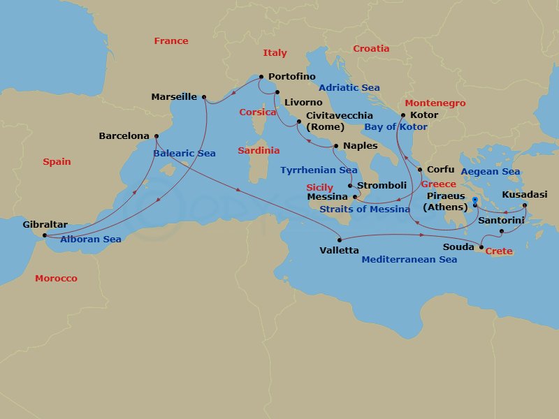 21 Night - Greek Isles with Italy, France & Naples Overnight - Nieuw Amsterdam - Starting in Piraeus (Athens), Greece, Kotor, Montenegro, Scenic cruising Bay of Kotor, Kerkira, (Corfu), Greece, Messina, Italy, Cruising Strait of Messina, Evening cruising Stromboli Volcano, Naples (Pompeii / Amalfi), Italy, Civitavecchia (Rome), Italy, Livorno (Florence / Pisa), Italy, Portofino, Italy, Marseille (Provence), France, Gibraltar, Barcelona, Spain, Valletta, Malta, Souda (Chania), Greece, Thira (Santorini), Greece, Kusadasi (Ephesus), Turkey, Piraeus (Athens), Greece itinerary map