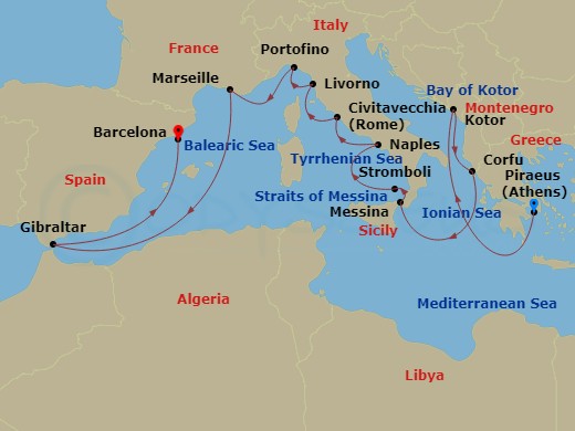 14 Night - Mediterranean Splendor : Italy with Naples Overnight - Nieuw Amsterdam - Starting in Piraeus (Athens), Greece, Kotor, Montenegro, Scenic cruising Bay of Kotor, Kerkira, (Corfu), Greece, Messina, Italy, Cruising Strait of Messina, Evening cruising Stromboli Volcano, Naples (Pompeii / Amalfi), Italy, Civitavecchia (Rome), Italy, Livorno (Florence / Pisa), Italy, Portofino, Italy, Marseille (Provence), France, Gibraltar, Barcelona, Spain itinerary map
