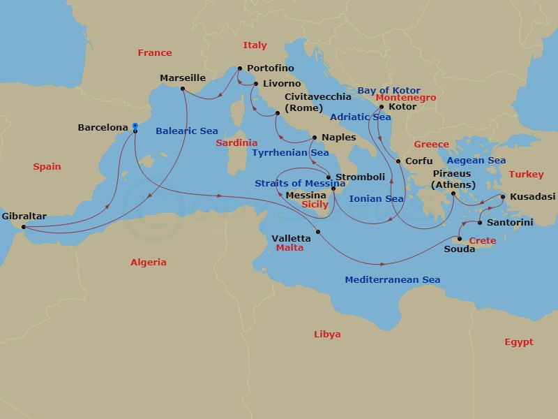 21 Night - Greek Isles with Malta, Italy & Naples Overnight - Nieuw Amsterdam - Starting in Barcelona, Spain, Valletta, Malta, Souda (Chania), Greece, Thira (Santorini), Greece, Kusadasi (Ephesus), Turkey, Piraeus (Athens), Greece, Kotor, Montenegro, Scenic cruising Bay of Kotor, Kerkira, (Corfu), Greece, Messina, Italy, Cruising Strait of Messina, Evening cruising Stromboli Volcano, Naples (Pompeii / Amalfi), Italy, Civitavecchia (Rome), Italy, Livorno (Florence / Pisa), Italy, Portofino, Italy, Marseille (Provence), France, Gibraltar, Barcelona, Spain itinerary map
